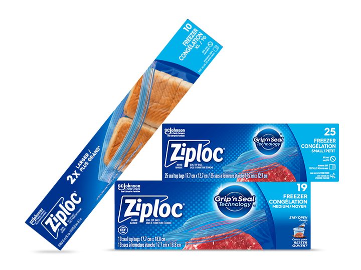 Three Ziploc freezer bag boxes
