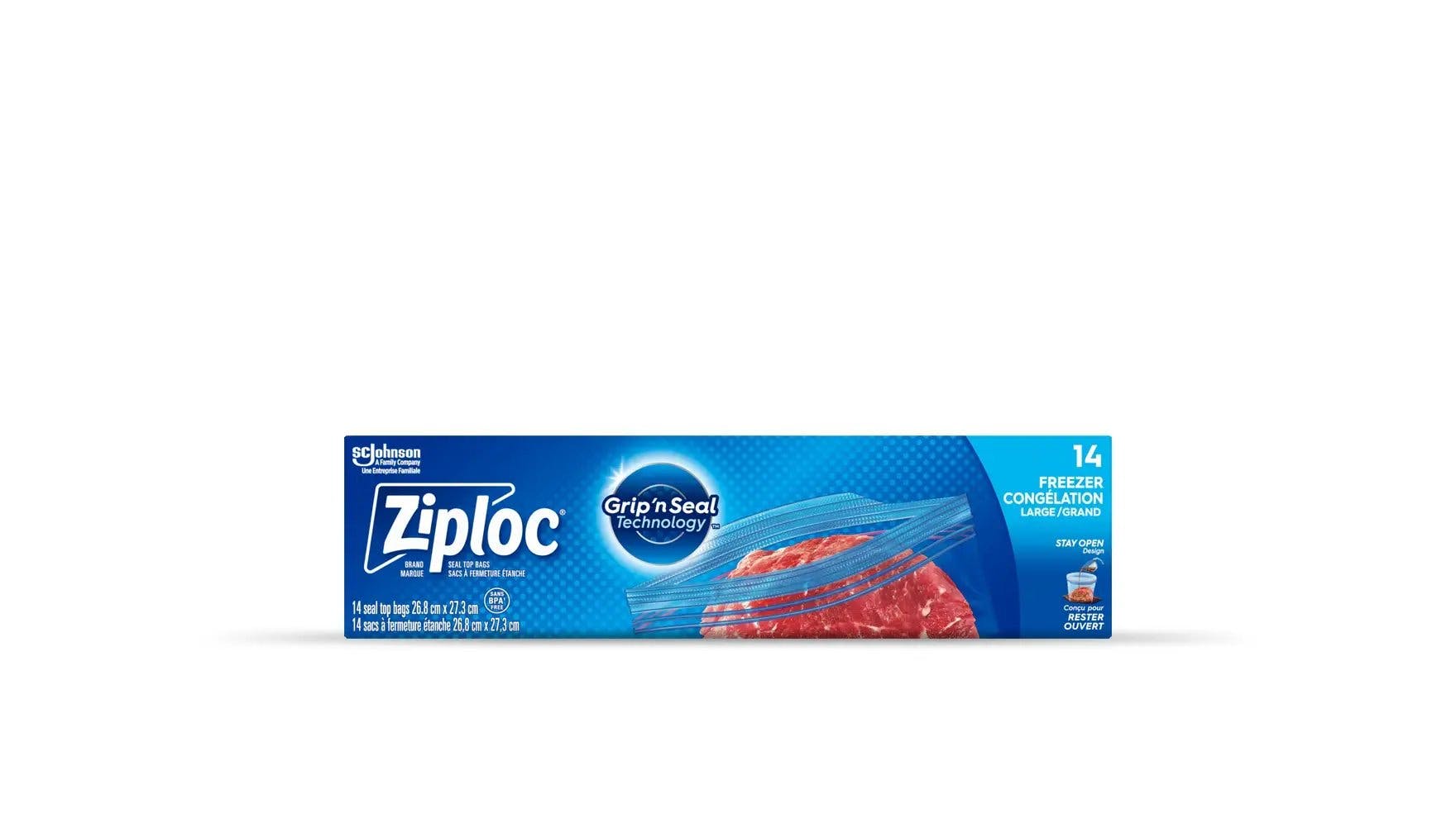 Front of Ziploc large gallon freezer bags box