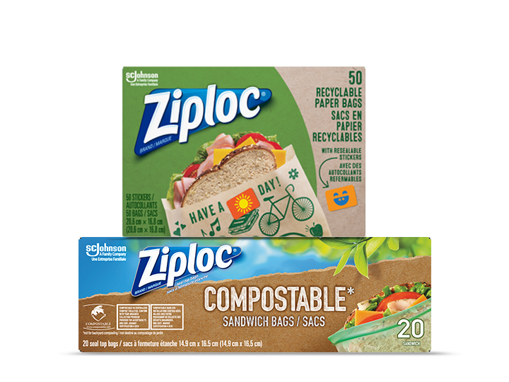 Box of Ziploc recyclable paper bags and box of Ziploc compostable sandwich bags