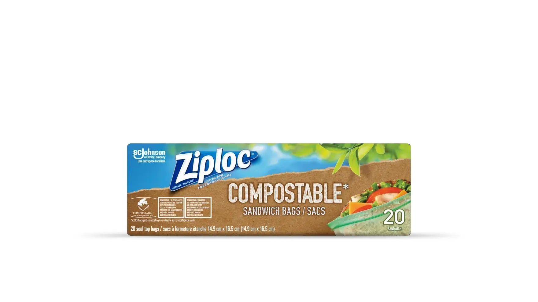 Devant de la boîte de sacs à sandwich compostables Ziploc.